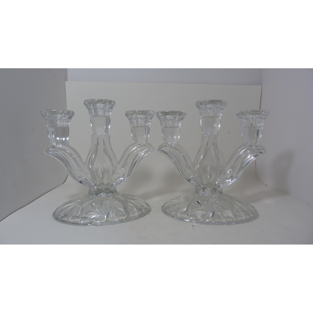 Vintage Clear crystal 3-Arm Candelabra Pair Pinwheel Star Base Candle Holders